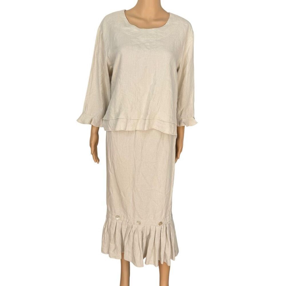 Two Wishes 100% Linen 2-Piece Skirt Set Beige Top S & Skirt M Cottagecore Boho